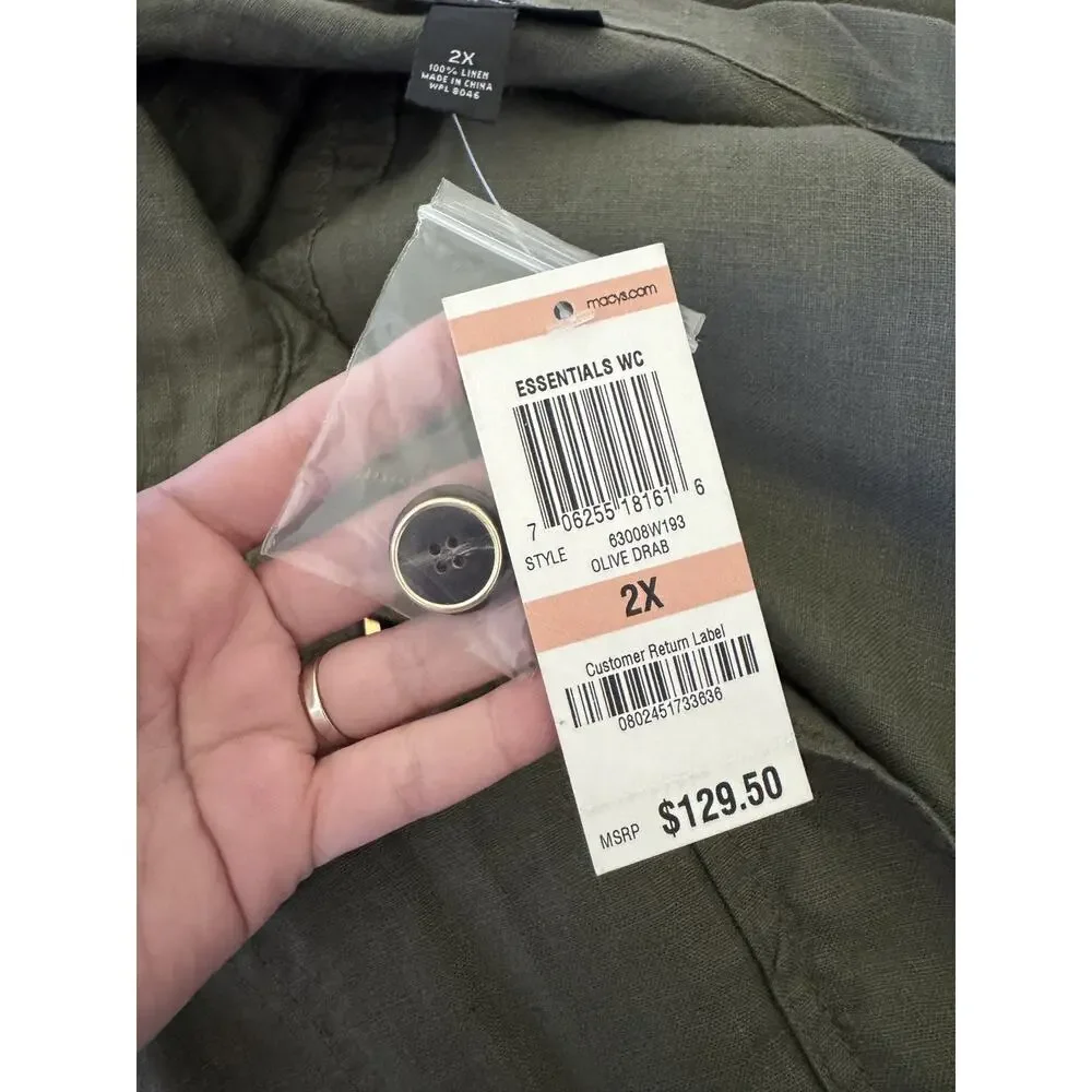 INC Utility Jacket Women's 2XL Olive Green Linen Lightweight Cargo Military Chic - Picture 10 of 14
